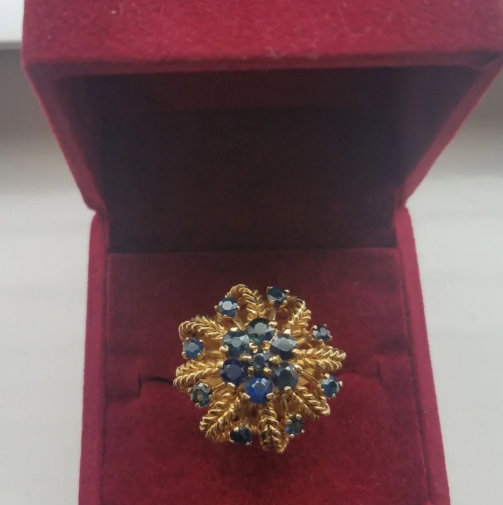 14k Vintage Gold and Blue Sapphire Burst Ring